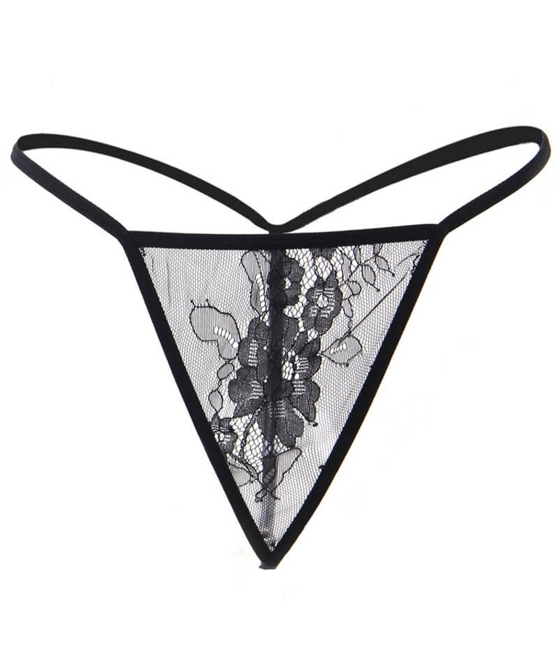 Curvy All Over Lace Long Sleeve Short Robe Sleepwear with Thong - Black - Image 5