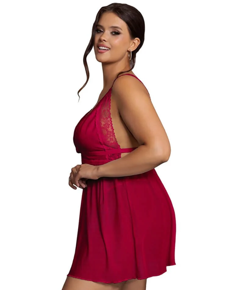Curvy Deep V-neck Mesh Babydoll - Burgundy - Image 3