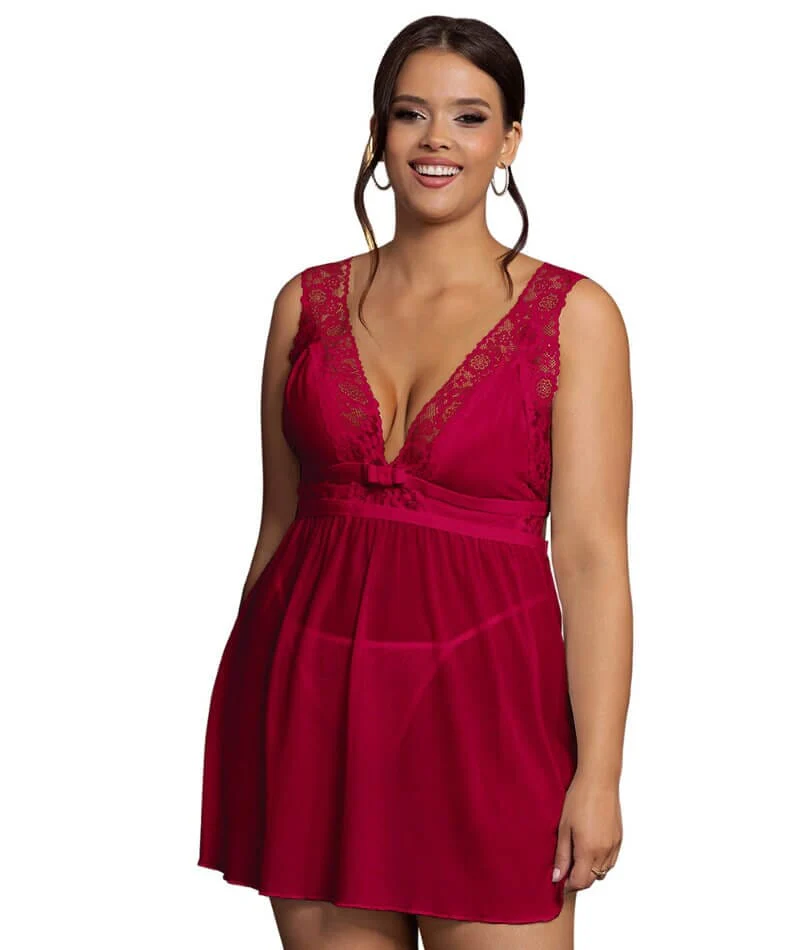 Curvy Deep V-neck Mesh Babydoll - Burgundy - Image 4