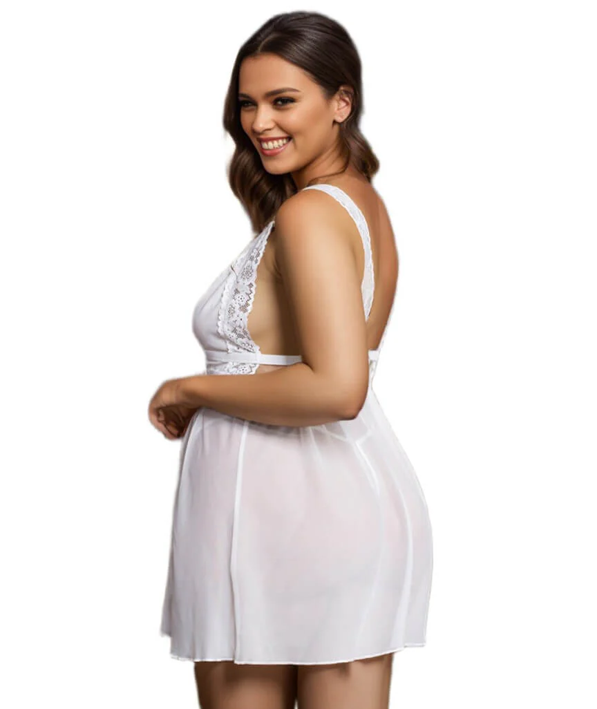 Curvy Deep V-neck Mesh Babydoll - White - Image 3