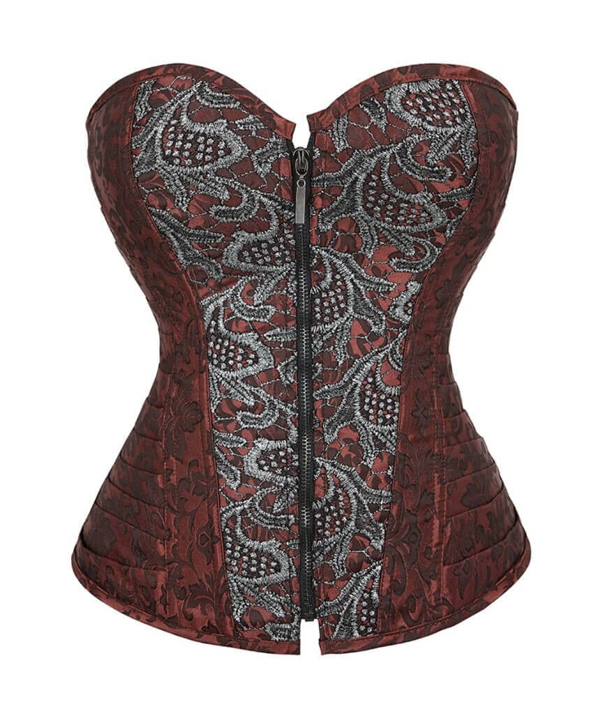 Curvy Jacquard Satin & Lace Corset - Red - Image 3