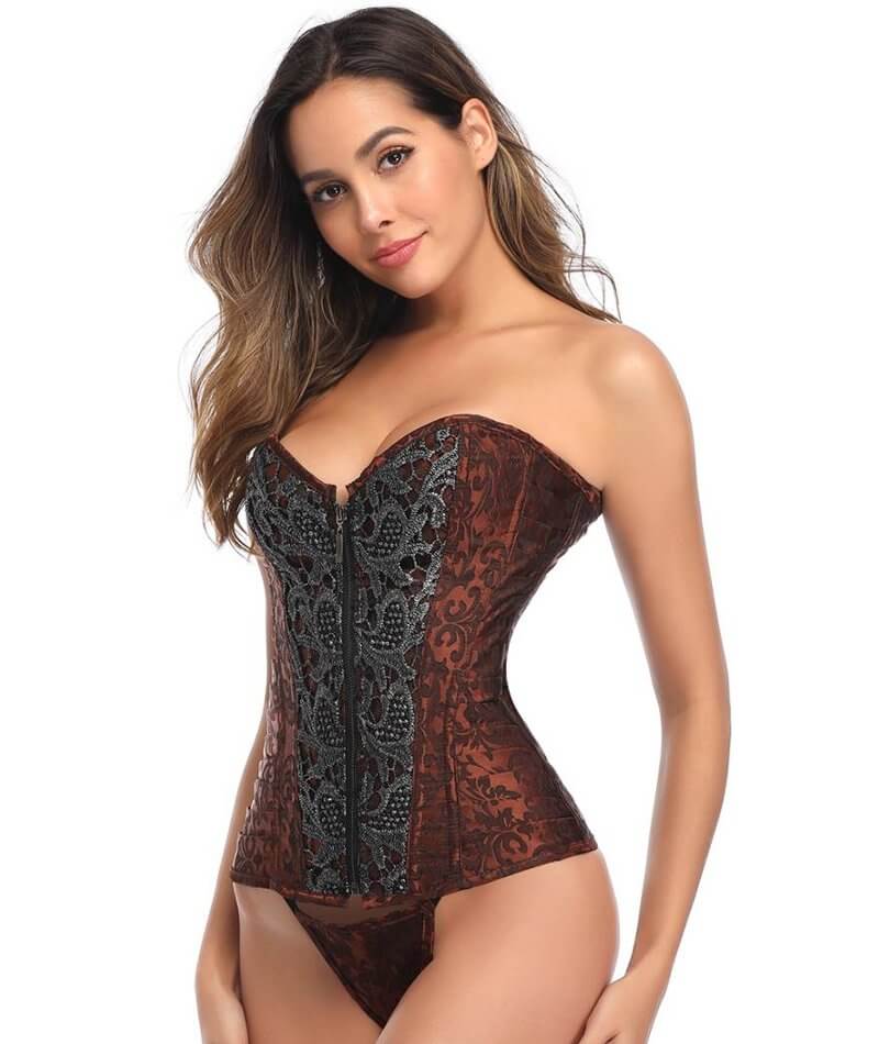 Curvy Jacquard Satin & Lace Corset - Red - Image 4