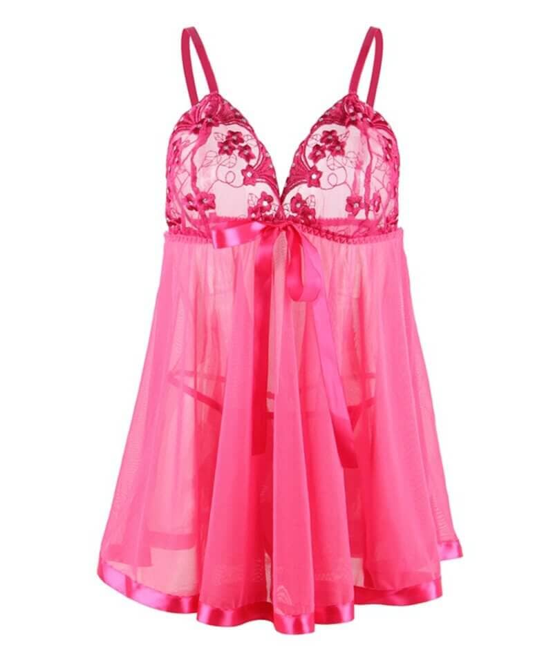 Curvy Mesh & Lace Cup Babydoll Nightdress with G-String - Pink - Image 3