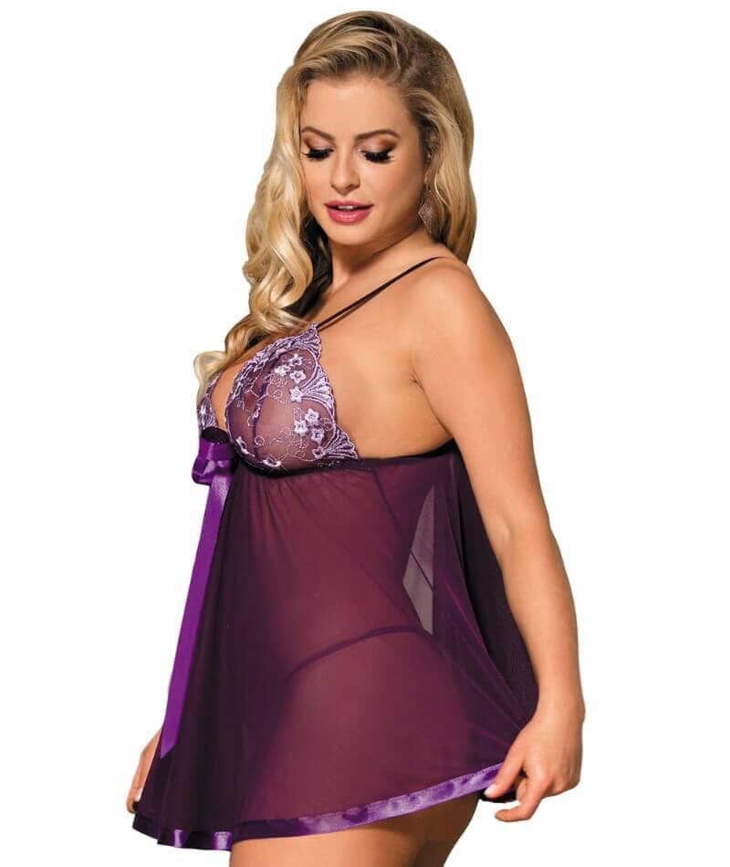 Curvy Mesh & Lace Cup Babydoll Nightdress with G-String - Purple - Image 3