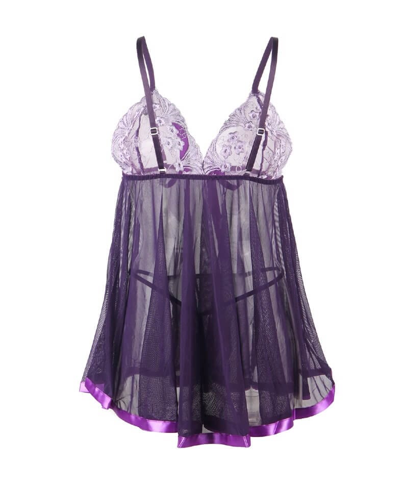 Curvy Mesh & Lace Cup Babydoll Nightdress with G-String - Purple - Image 7