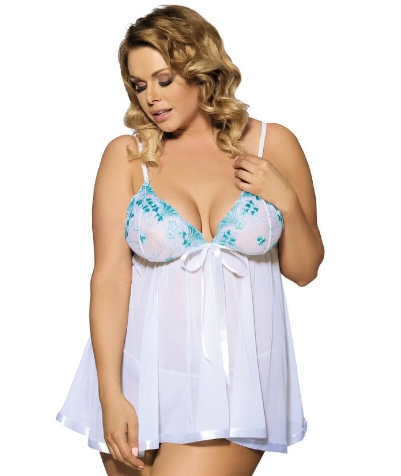 Curvy Mesh & Lace Cup Babydoll Nightdress with G-String - White - Image 4