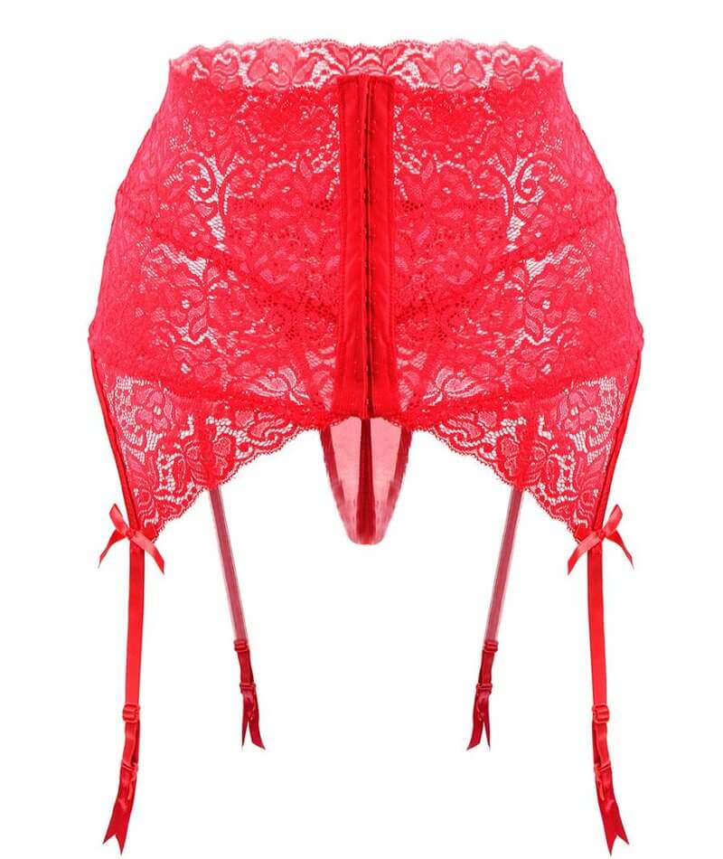 Curvy Wide Lace Suspender with G-String - Red - Image 6