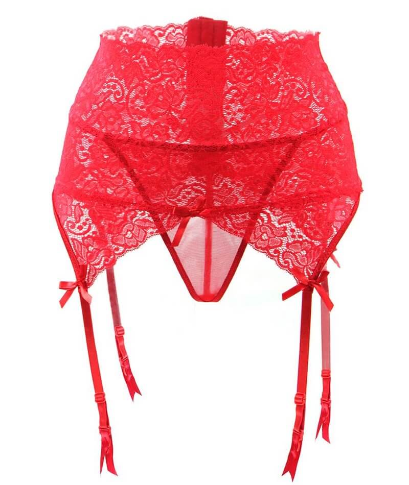 Curvy Wide Lace Suspender with G-String - Red - Image 7