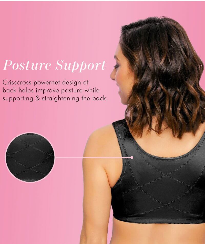 Exquisite Form Fully Front Close Wire-Free Cotton Posture Bra With Lace - Black - Image 9