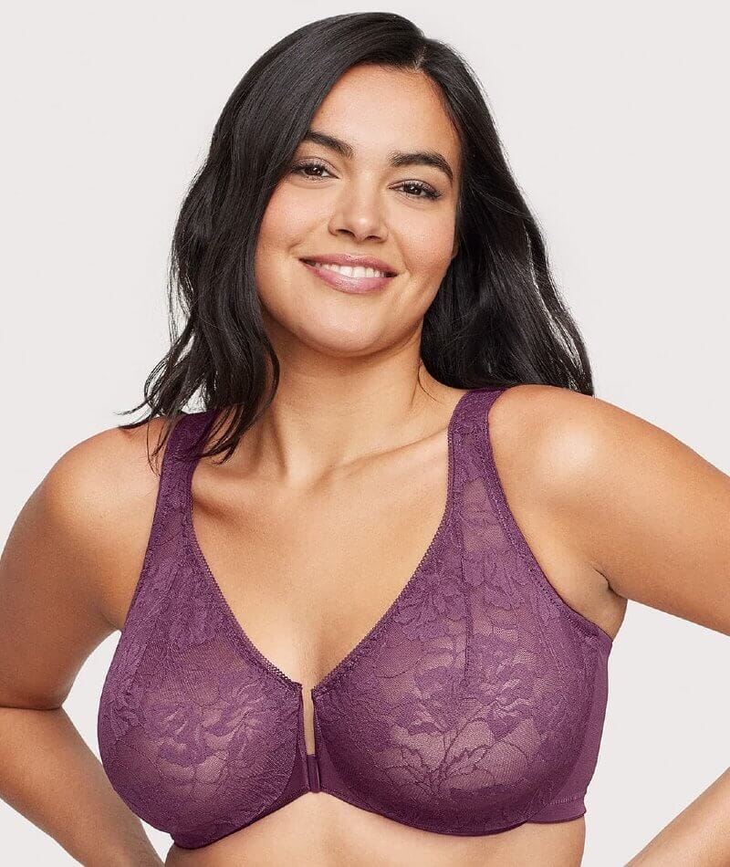 Glamorise Lacey T-Back Front-Closure WonderWire Bra - Plum - Image 3