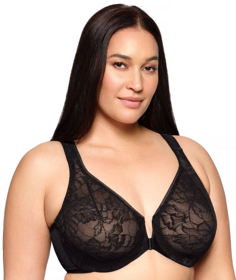 Glamorise Lacey T-Back Front-Closure WonderWire Bra - Solid Black - Image 3
